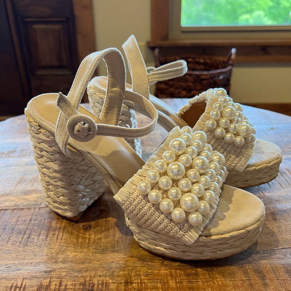 Braided Raffia Cream Platform Sandals with Pearl Embellishments